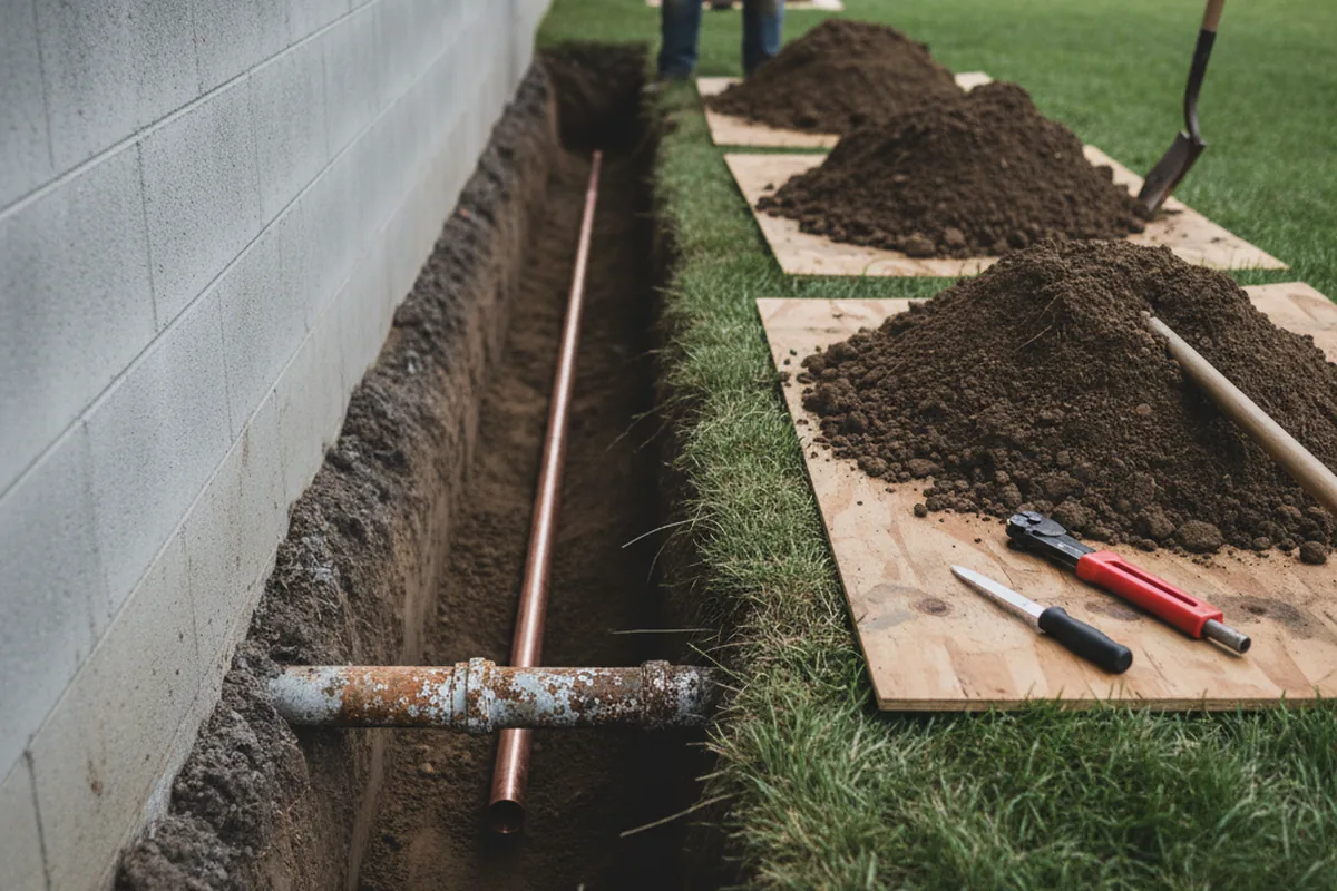 Excavated water line trench during Water Heater Repair in Climax